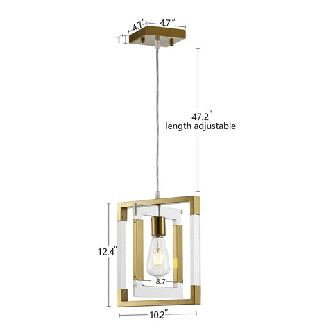 Gold Pendant Light Chandelier With Brushed Brass Finish, square design, single bulb, adjustable length for kitchen or dining space.