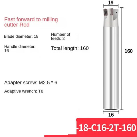 High Efficiency CNC Milling Cutter Rod For Deep Fast Feed And Superior Material Removal, 160mm long, 18mm blade diameter, 2 teeth.