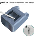 Close-up of a blue magnetizer tool demonstrating screw magnetization, part of the Compact 4V Cordless Screwdriver With Rechargeable Battery 11 Piece Bit Set LED Front Light And Power Display One Hand Easy Grip For Home DIY Lightweight Handy Tool In Blue.