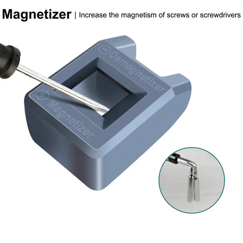 Close-up of a blue magnetizer tool demonstrating screw magnetization, part of the Compact 4V Cordless Screwdriver With Rechargeable Battery 11 Piece Bit Set LED Front Light And Power Display One Hand Easy Grip For Home DIY Lightweight Handy Tool In Blue.