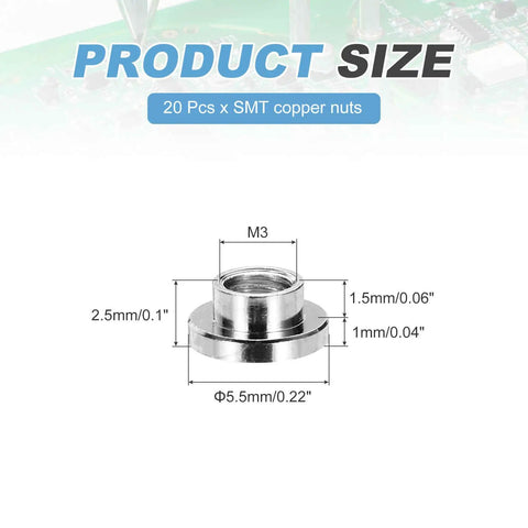 20 Pack M3 Weld Copper Nuts Featuring Nickel Finish And Dual Through Hole Design For Rock Solid PCB Boards And Tech Builds Delivering Top Shelf Conductivity And Built Tough Reliability, showing dimensions and design angles.