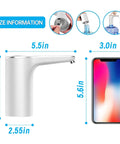 Side view of 5 Gallon Water Bottle Pump Dispenser With USB Charging, size measurements compared to smartphone, automatic drinking water pump.