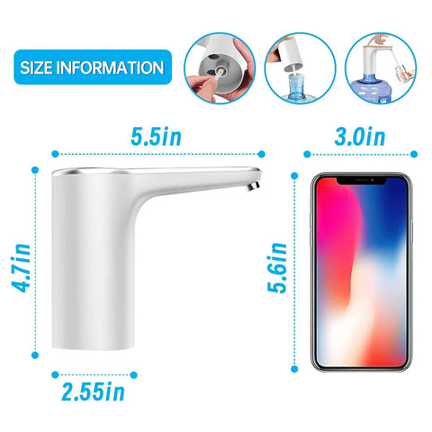 Side view of 5 Gallon Water Bottle Pump Dispenser With USB Charging, size measurements compared to smartphone, automatic drinking water pump.
