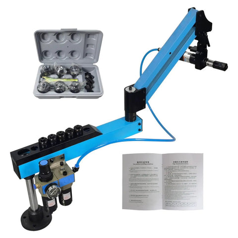Universal 360 Degree Pneumatic Tapping Machine With Flexible Arm For M3 To M12 Threading, showing aluminum frame and taps included