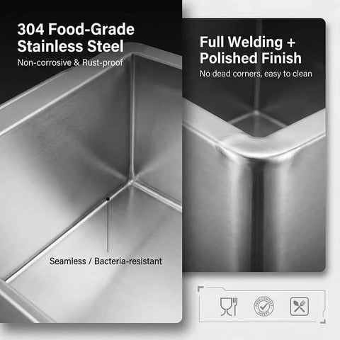 Close-up of 304 food-grade stainless steel used in Industrial Stainless Steel Utility Cart With Locking Swivel Wheels And Deep Soak Tank.