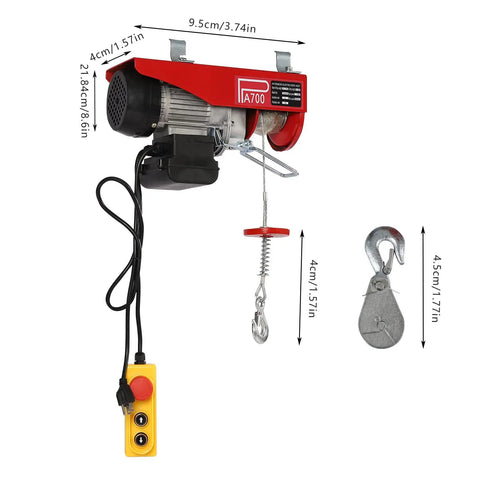 Heavy Duty 1200W Electric Hoist Winch 110V Pure Copper Motor showcasing lift mechanism and remote control.