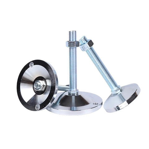 Kickass Heavy Duty Furniture Leveling Feet Four Pack Solid Carbon Steel M12 X 50mm Adjustable legs with round bases and metal bolts.