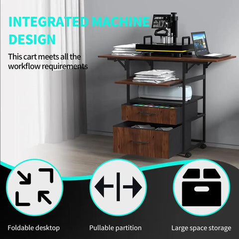 Mobile Heat Press Table With Pull Out Tray And Drawers, Heavy Duty 4 Tier Foldable Cart On Wheels, storage view