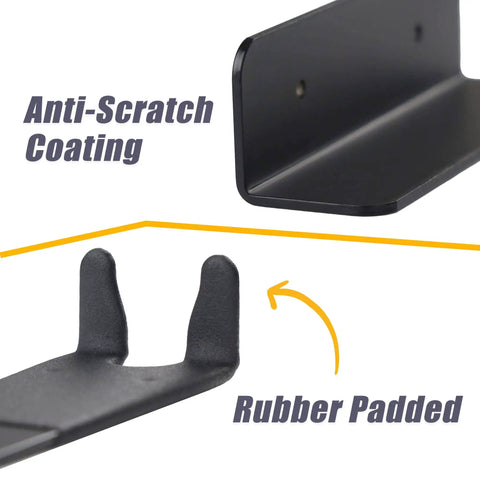 Close-up of wall mounted bike pedal hook rack for indoor storage with tire brackets, anti-scratch coating, and rubber padded hooks.