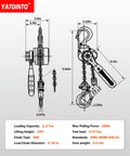 Diagram of half ton chain hoist come along with 1100 lbs capacity, 10 ft lift, dimensions and specifications, lightweight aluminum frame.