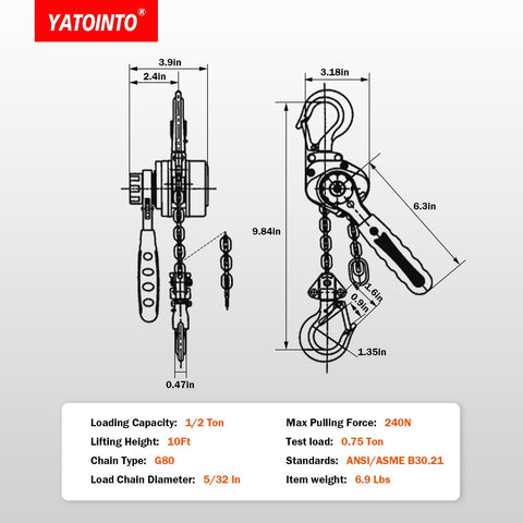 Diagram of half ton chain hoist come along with 1100 lbs capacity, 10 ft lift, dimensions and specifications, lightweight aluminum frame.