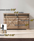 4 Ft Mini Cabinet Bypass Barn Door Hardware Kit With Single Track for double doors shown installed on wooden cabinet.