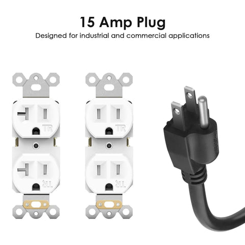 Two white 15 Amp plugs and a black cord for Heavy Duty Surge Protector Power Strip With Eight Outlets 20 Amp 12 Gauge Metal Industrial Bar 6 Ft Extension Cord 6 20R T Slot Outlet And 5 15P Adapter For Garage Workshop And Home Appliances For Commercial Use, designed for industrial use.