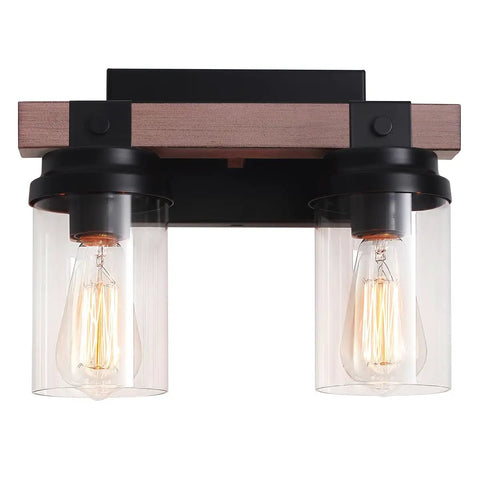 Front view of Two Light Farmhouse Vanity Light Over Mirror With Faux Wood Grain Finish, Rustic Vintage Bathroom Wall Sconces