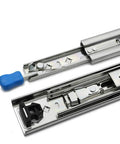 Built Tough Full Extension Ball Bearing Drawer Slides With Dead Bolt Lock And Silky Smooth Glide Silver Cabinet Runners detail showing tracks with blue and black components.