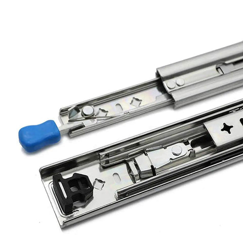 Built Tough Full Extension Ball Bearing Drawer Slides With Dead Bolt Lock And Silky Smooth Glide Silver Cabinet Runners detail showing tracks with blue and black components.