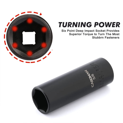 Beefy 12 Piece 3/8 Inch Drive Impact Socket Set With 6-Point SAE Deep Sockets CR-V Steel, Black Phosphate Finish shown in detail