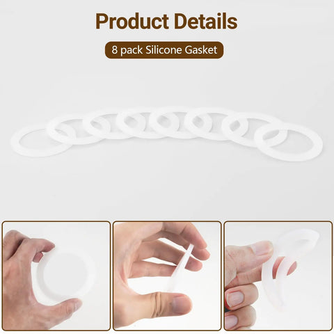 Food Grade Silicone Gasket Replacement Ring For Aluminum Stovetop Coffee Makers 3 Cup And 4 Cup Pots Durable Spare Seal Fits Bialetti Moka Express Dama Venus Musa Kitty 8 Pack Better Than Rubber shown in an 8-pack with close-up views of individual rings