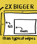 Tub O' Towels TW90 heavy-duty cleaning wipes infographic showing 12x10 inch wipe and 2x bigger claim
