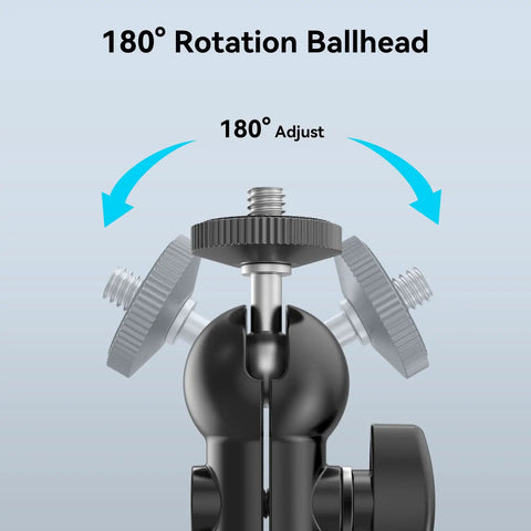 Image of a Double Ball Head With Cold Shoe Mount And One Quarter Inch Screws, 180 Degree Rotation, universal adapter for cameras and gear.