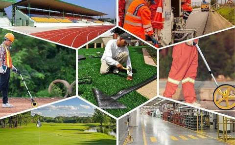 No Nonsense 12 Inch Measuring Wheel With 10000 Foot Range in use for various outdoor tasks by professionals.