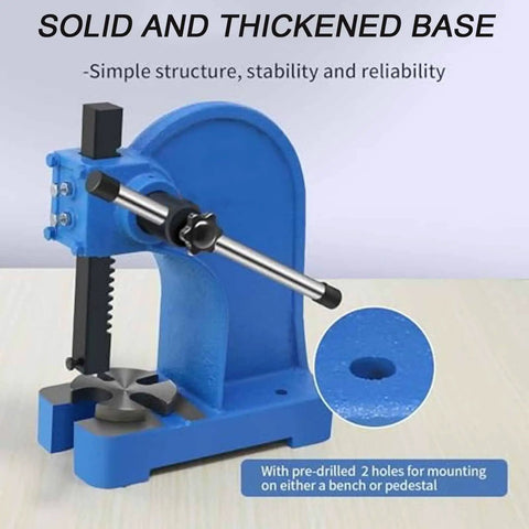 Heavy Duty 1 Ton Manual Arbor Press Straight Up Built Tough Rock Solid Cast Iron Punch Machine showing solid thickened base and mounting holes.