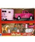 Boxed Pink Pickup Truck And Horse Trailer Playset With Two Riding Figures Barrel Racing Barrels Feeding Station And Corral Fencing
