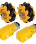 Two yellow 48mm Mecanum wheels with black rollers and two yellow TT geared motors