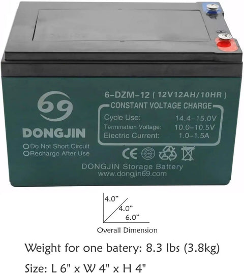 12V 12AH DONGJIN storage battery with dimensions 6x4x4 inches, showing voltage details and cycle life specifications.