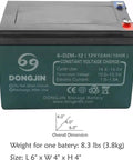 12V 12AH Dongjin rechargeable battery with dimensions L 6" x W 4" x H 4", weighing 8.3 lbs, black and gray casing.