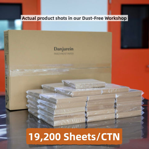 Heavy Duty 6X6 Inch Pre Cut Parchment Paper Squares 19200 Ct Bulk Case Oven Safe stacked in a dust-free workshop setting.