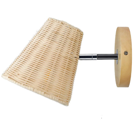 Side view of a woven lampshade with a wooden base, resembling a Black Metal Wall Sconce Light With Pull Chain 1 Light Farmhouse Industrial Lamp.