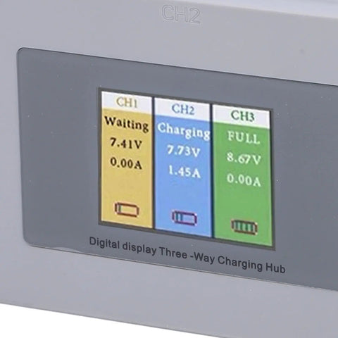 Drone Battery Charger Hub With USB Charging Station And Digital Display showing status of three battery slots.