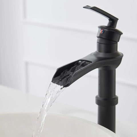 Dope Matte Black Vessel Sink Faucet With Waterfall Flow, Tall Single Hole Bathroom Vanity Mixer Tap in use