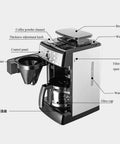 No Sweat Bean To Cup Coffee Maker With Fully Automatic One Button Brew Whisper Quiet Grind and solid stainless steel build features labeled control panel and components.