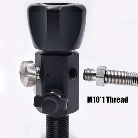 Dual Gauge DIN Valve Fill Station Adapter With 20 Inch Hose 4500psi 300bar showing close-up of valve and M10*1 thread.