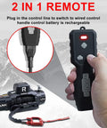 Rugcel 12000 Lb Waterproof Electric Winch With Synthetic Rope And Haws Fairlead Black remote control showing plug-in feature.