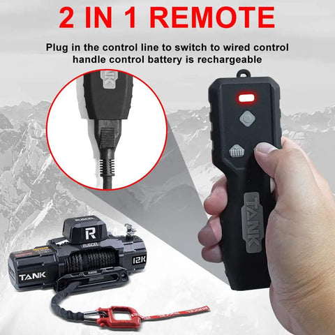 Rugcel 12000 Lb Waterproof Electric Winch With Synthetic Rope And Haws Fairlead Black remote control showing plug-in feature.