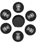 Leather Coaster Set With Holder 6-Piece Absorbent PU Leather Drink Coasters arranged in a circle around the holder