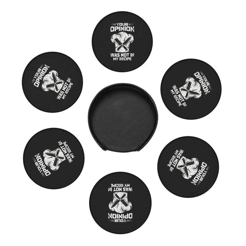 Leather Coaster Set With Holder 6-Piece Absorbent PU Leather Drink Coasters arranged in a circle around the holder