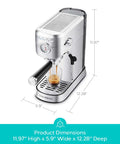 Compact 20 Bar Espresso Machine With Steam Milk Frother For Home Barista Vibes Stainless Steel Coffee Maker dimensions shown