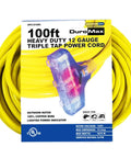 Rugged Outdoor Extension Cord With Lighted Ends For Easy Power Check 15 Amp 1875 Watts Bright High Visibility Yellow Jacket For Jobsites And Yard Work Weather Resistant shown coiled and packaged.