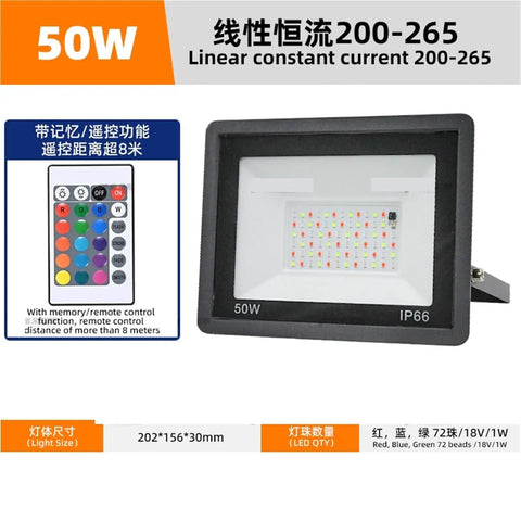 Smart RGB Outdoor Floodlight 50W LED Spotlight showing color options with remote control, waterproof design for outdoor use.