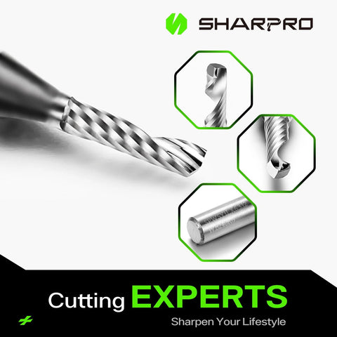 SHARPRO O-flute upcut spiral router bit; carbide, 1/4 in shank, 1/8 in cutting diameter, CNC router bit