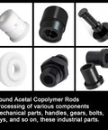 Assorted mechanical parts made from acetal copolymer rods for processing components and industrial use.