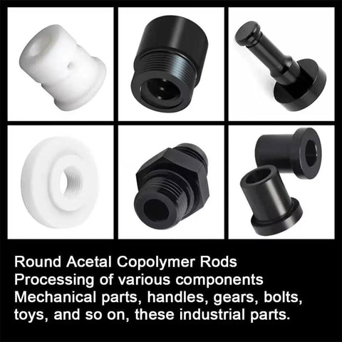 Assorted mechanical parts made from acetal copolymer rods for processing components and industrial use.