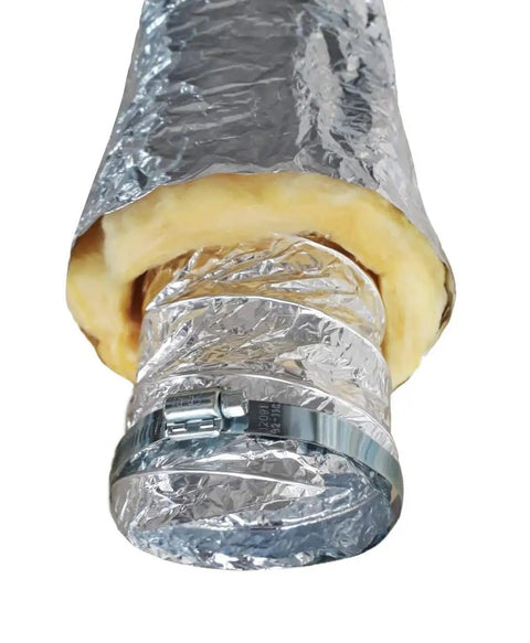 Close-up of 6-Inch Flexible Aluminum Ducting Hose Insulated R-4.2 Air Duct Pipe for heavy duty HVAC and exhaust ductwork insulation.