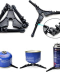 Camping Cookware Set For 1 To 2 People Aluminum Outdoor Cooking Kit tripod base for canisters, showing close-up of locking mechanism.