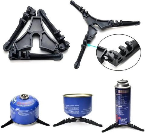 Camping Cookware Set For 1 To 2 People Aluminum Outdoor Cooking Kit tripod base for canisters, showing close-up of locking mechanism.