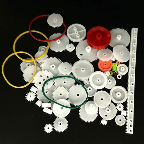 60 Piece Plastic Gear Kit For DC Motors And RC Cars Belt Pulleys Spindle Gears Crown Gears Racks With Rubber Bands